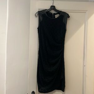 Sea New York black ruched dress with leather trim.